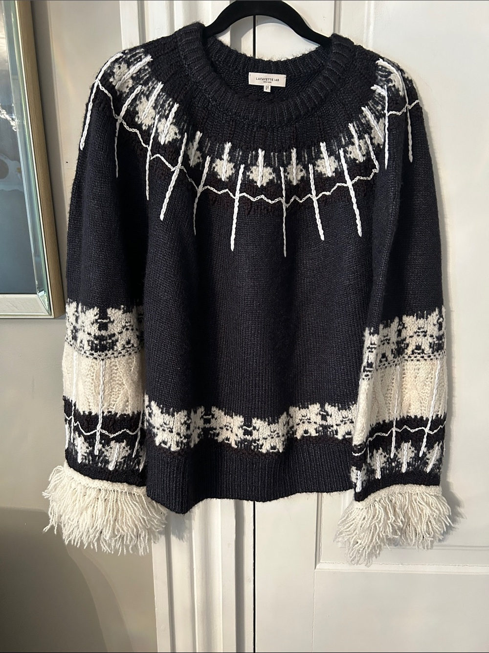 Lafayette 148 Black & White Fringe Hem Nordic-Style Women's Sweater NWOT